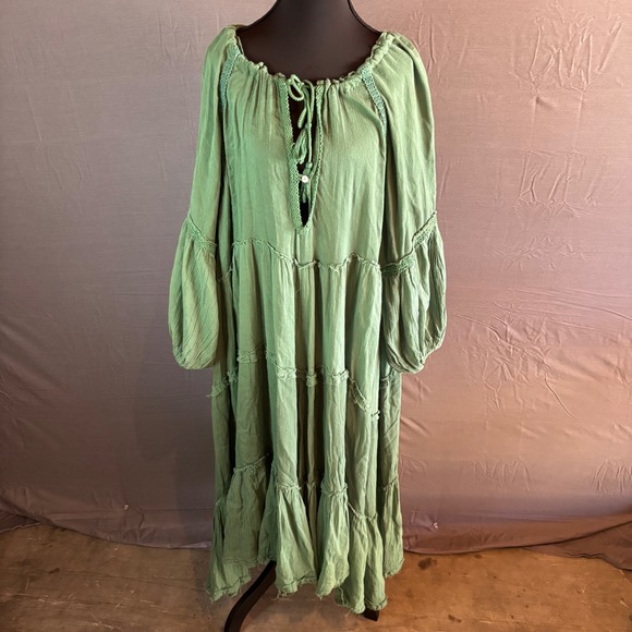 Free People In The Moment Womens Green Maxi Dress Tiered Boho Long Sleeve Size S - Picture 1 of 10